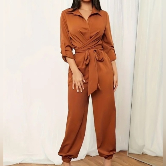 Pants - Women Bronzer Orange Color Butyon Down Wrap Jumpsuit